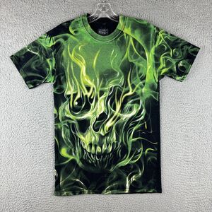 Skull Smoke Flames Graphic T-Shirt Men's Small Social Media Black Green (Stains)